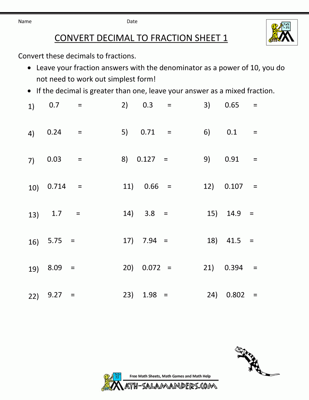 28 Converting Fractions To Decimals Worksheet 5th Grade Free 