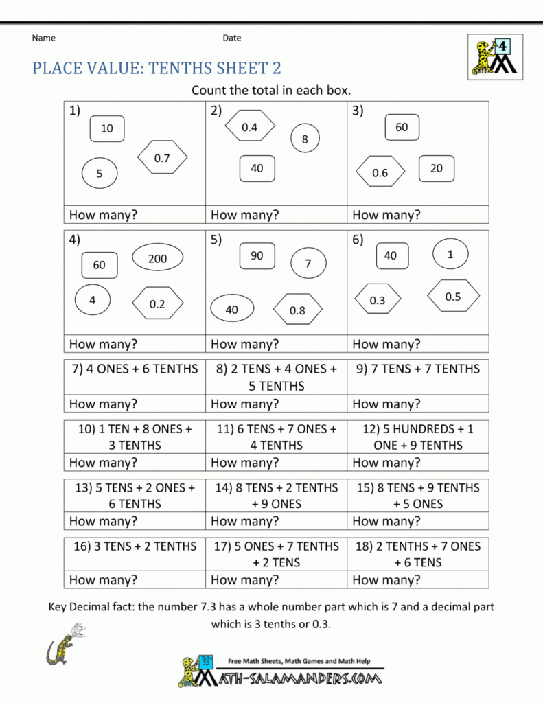 4th Grade Math Worksheets Decimals