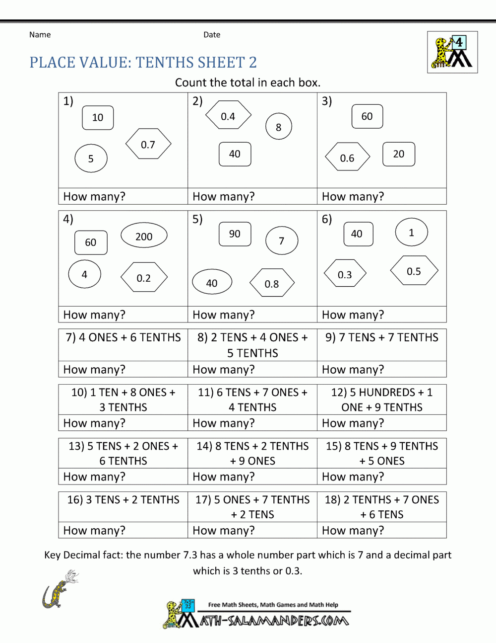 4th Grade Math Worksheets Decimals