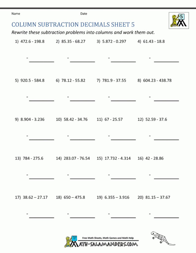 5th Grade Math Practice Subtracing Decimals