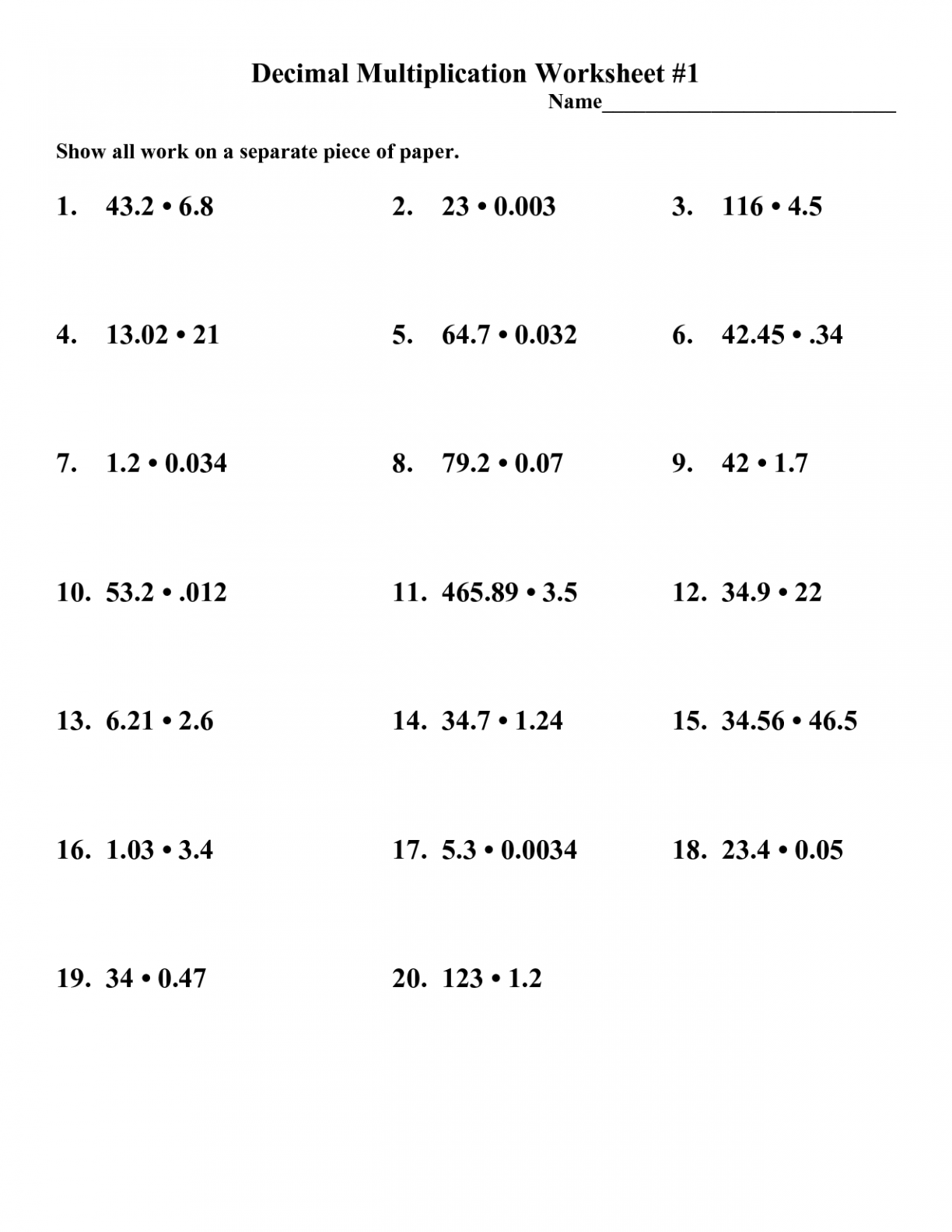 6th Grade Multiplying And Dividing Decimals Worksheets Decimals 