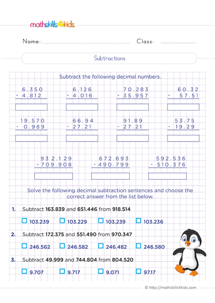 Adding And Subtracting Decimals Worksheets PDF For 6th Grade Math 