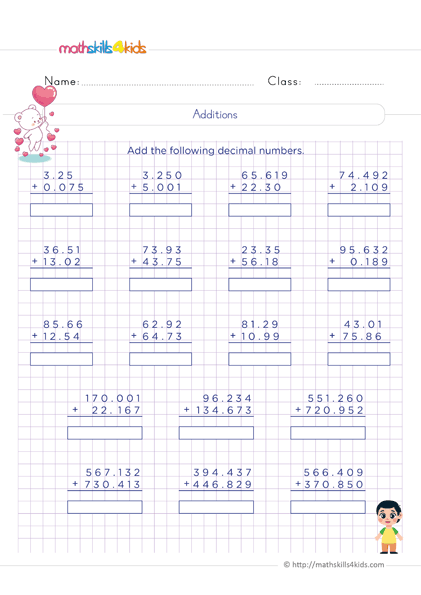 Adding And Subtracting Decimals Worksheets PDF For 6th Grade Math 