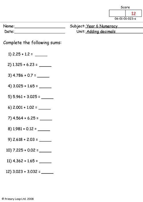 Adding Decimals Horizontal Worksheet Numeracy Adding Decimals Worksheet