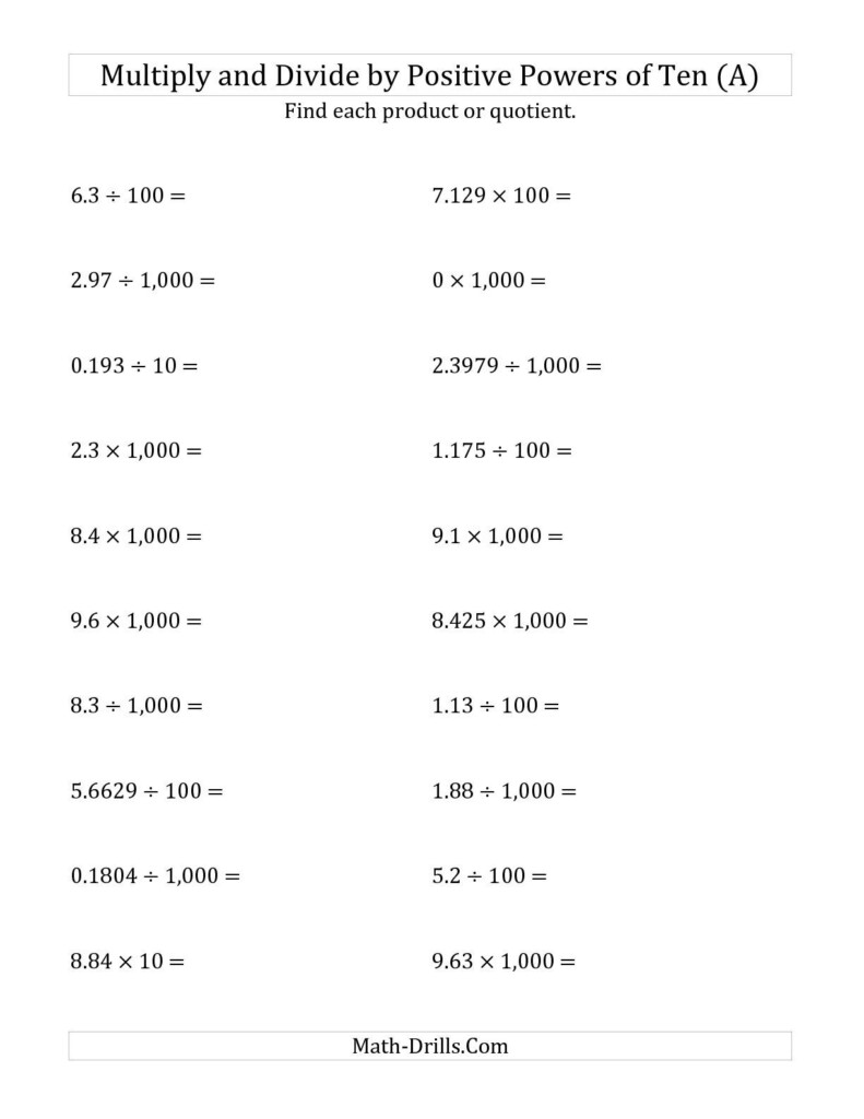 Adding Subtracting Multiplying And Dividing Decimals Printable 