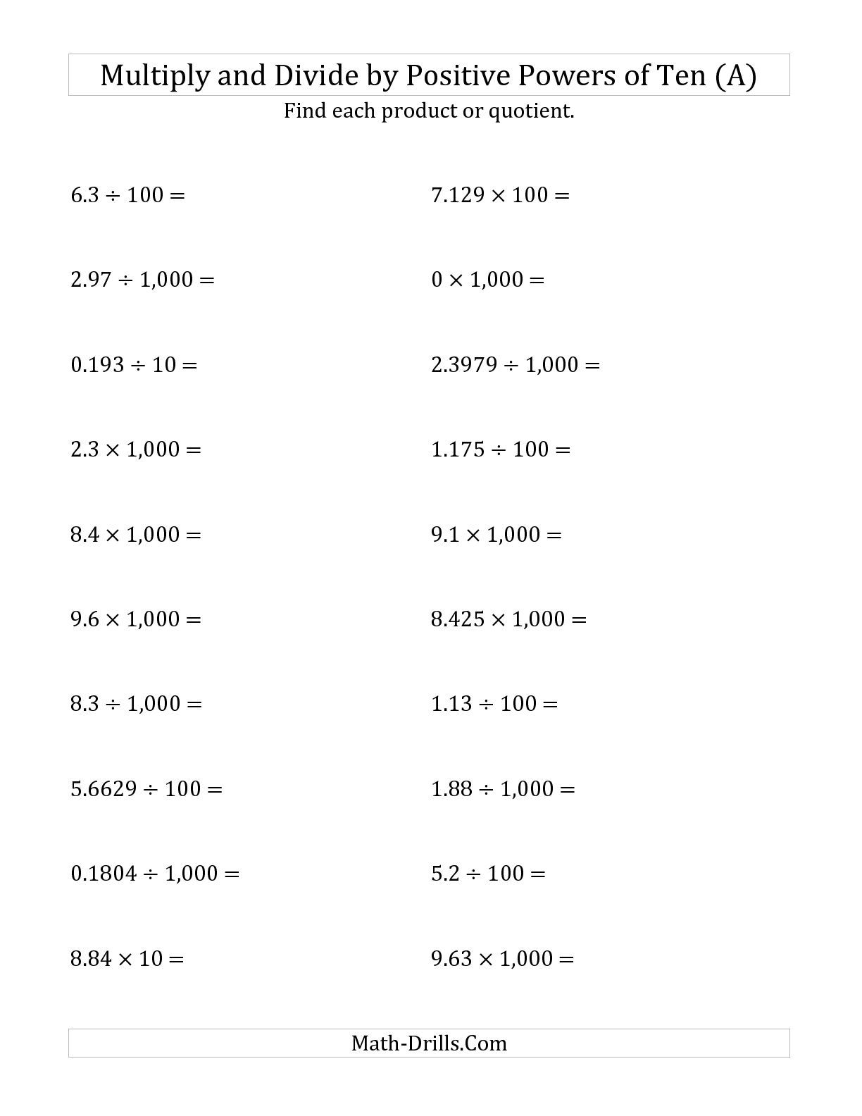 Adding Subtracting Multiplying And Dividing Decimals Printable 