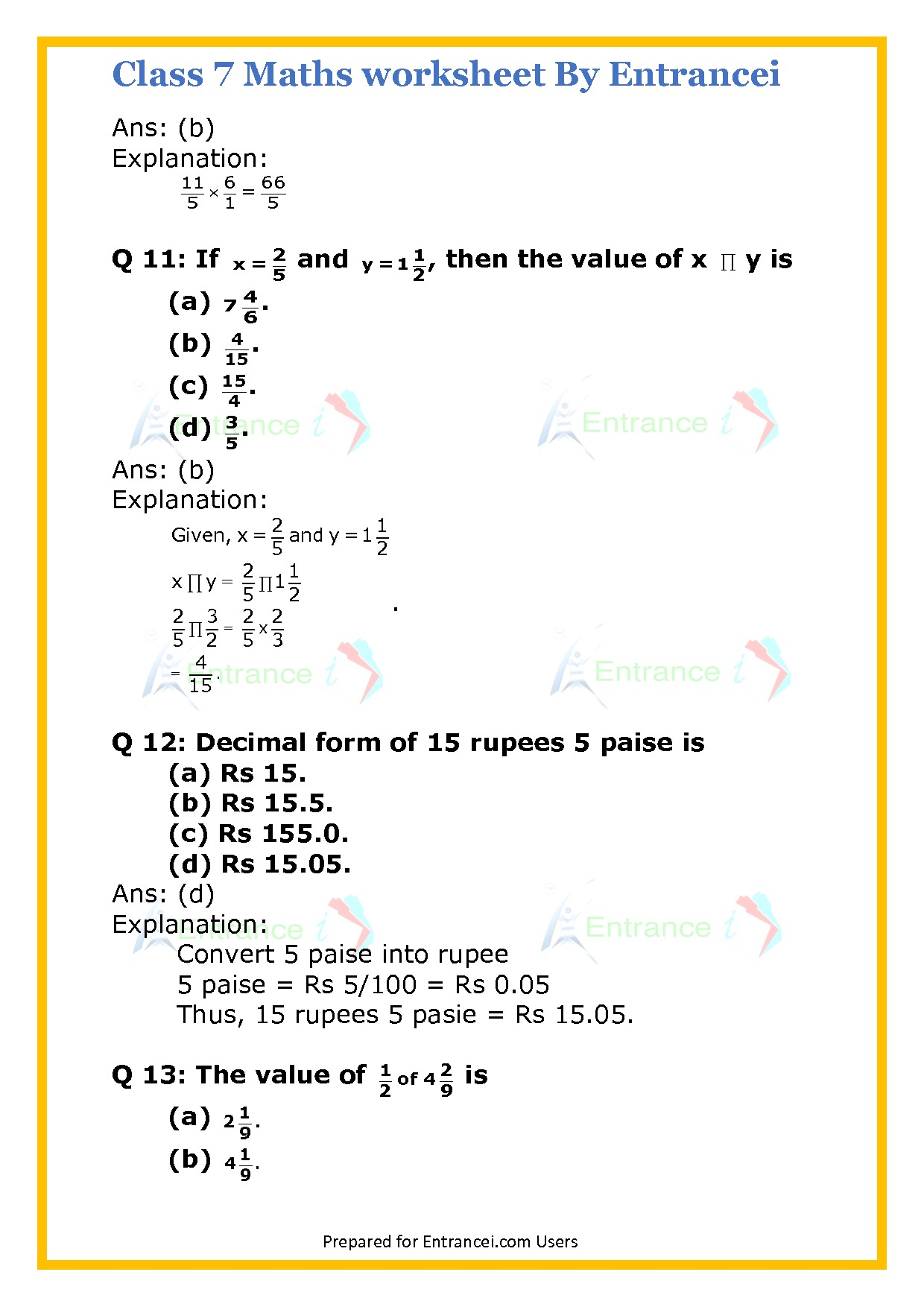 CBSE Class 7 Maths Worksheet For Chapter 2 Fraction And Decimals