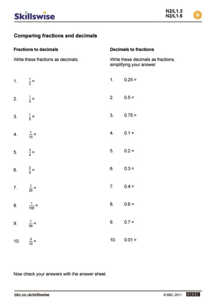 Changing Fractions Into Decimals Worksheets