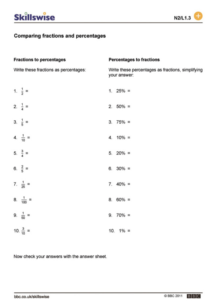 Compare And Order Fractions Decimals And Percents Worksheet 