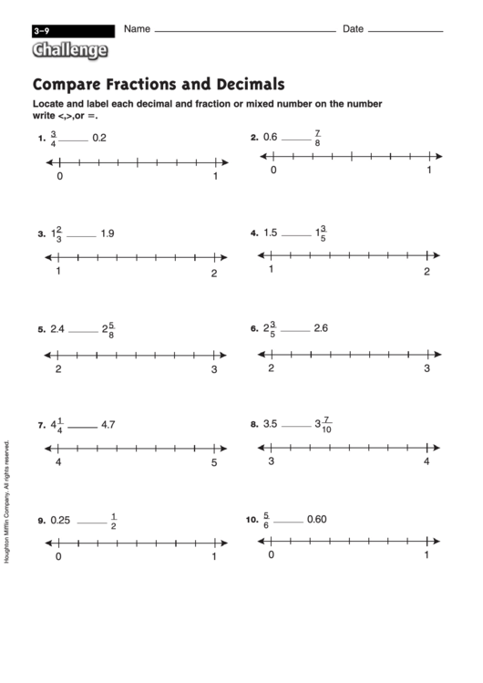 Compare Fractions And Decimals Fraction Worksheet With Answers 