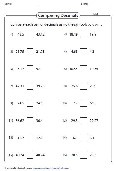 Comparing Decimals Standard Decimals Worksheets Comparing Decimals 