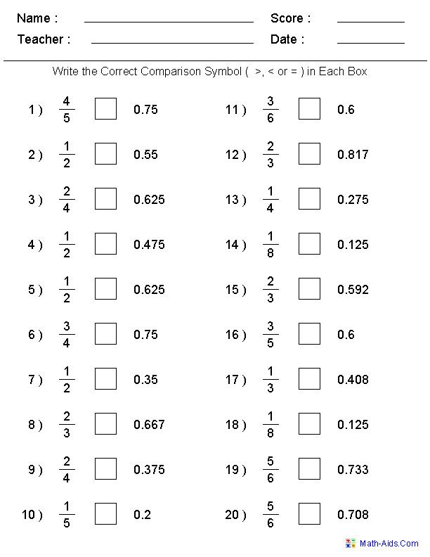 Comparing Fractions And Decimals Worksheet In 2020 Fractions