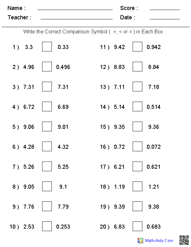 Comparing Worksheets With Decimals 