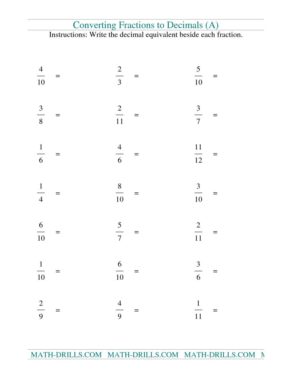 Convert Fractions To Decimals Worksheets Pdf