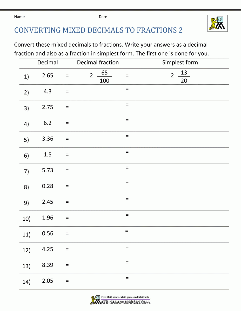 Converting Decimals To Fractions Worksheet