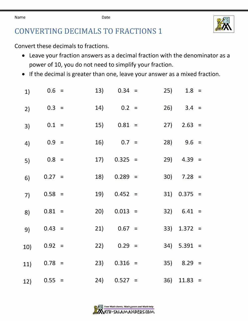 converting decimal inch to fraction pdf worksheet