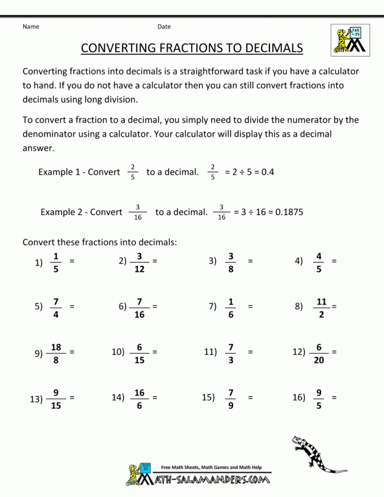 Converting Fractions To Decimals Worksheet 8th Grade Fraction 