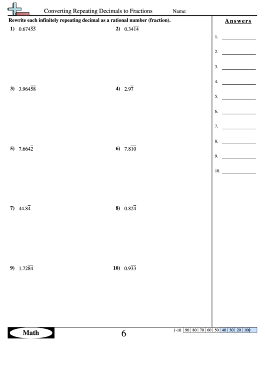 Converting Repeating Decimals To Fractions Worksheet With Answer Key 