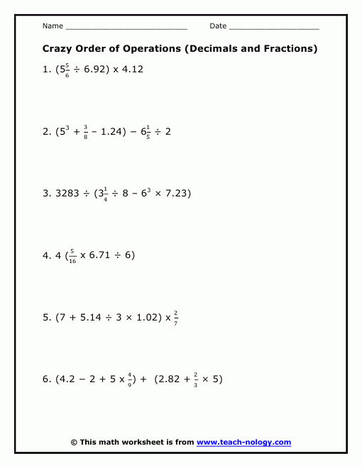 Crazy Order Of Operations Decimals And Fractions 