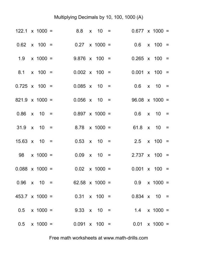 Decimal 10 100 Or 1000 Horizontal 45 Per Page A Free 