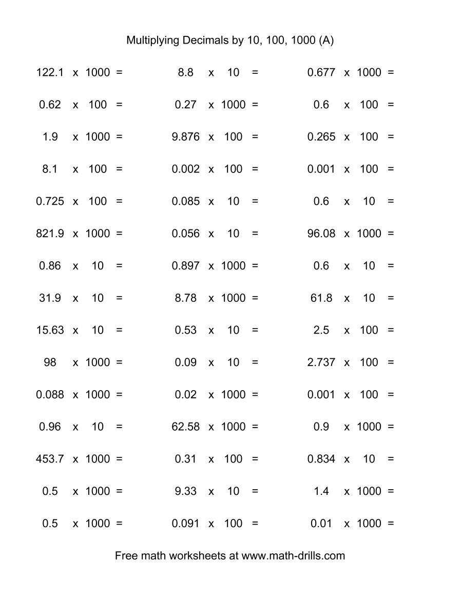 Decimal 10 100 Or 1000 Horizontal 45 Per Page A Free 