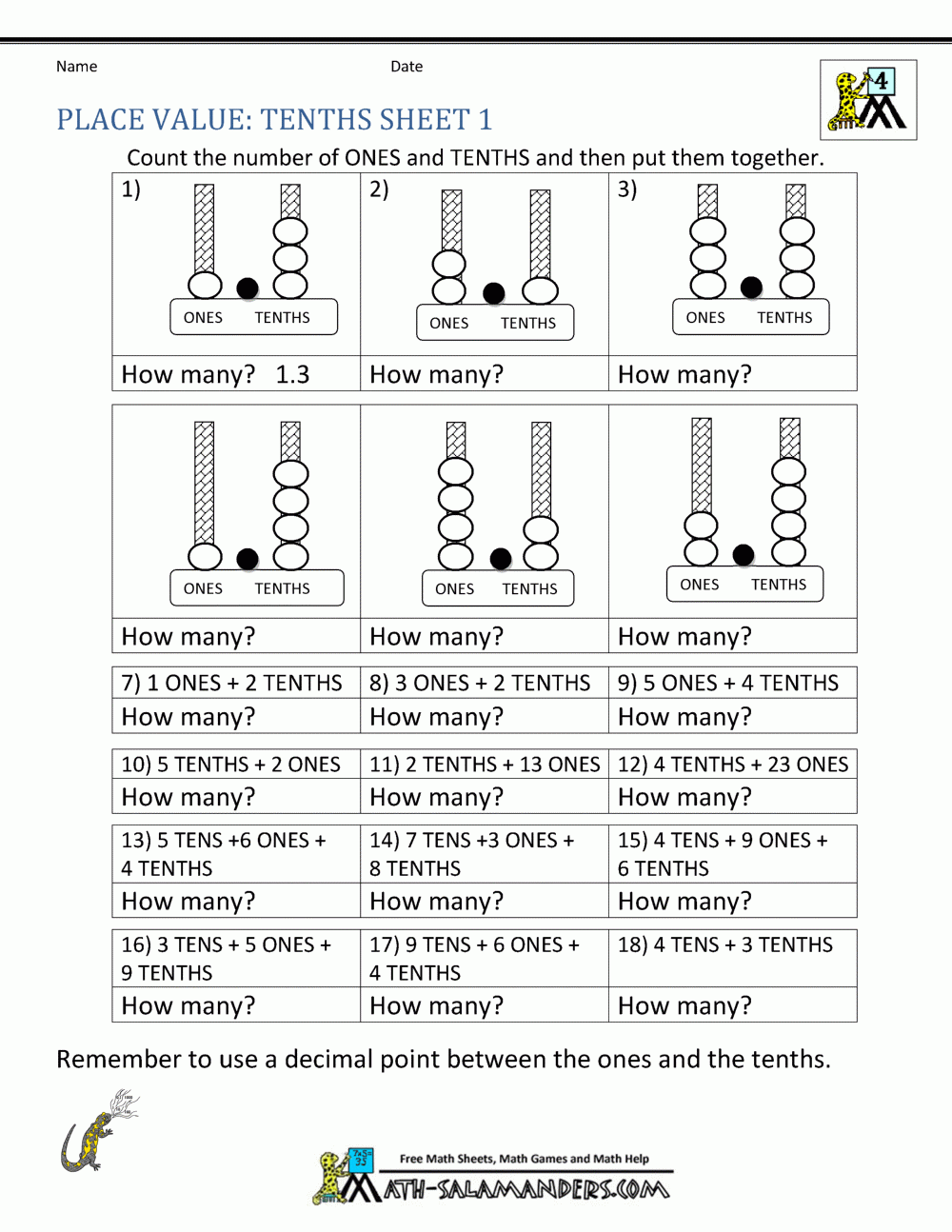 Decimal Place Value Worksheets 4th Grade