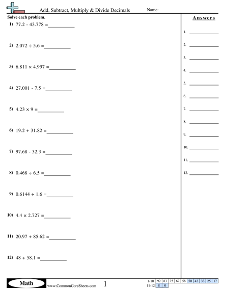 Decimal Worksheets Add Subtract Multiply Divide Decimals