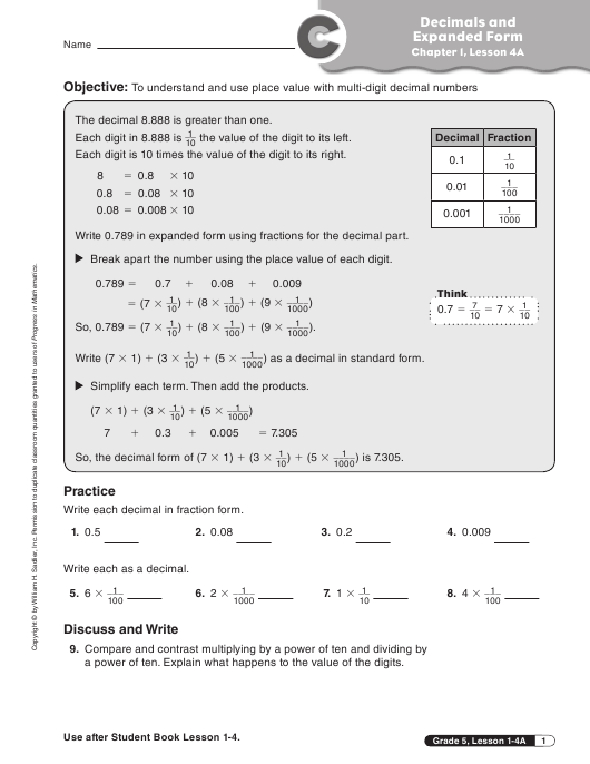 Decimals And Expanded Form Worksheet 5 th Grade Chapter 1 Lesson 4a 