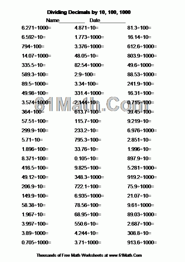 Dividing Decimals By 10 100 1000 Create Your Own Math Worksheets