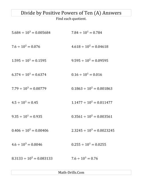 Dividing Decimals By Positive Powers Of Ten Exponent Form A 