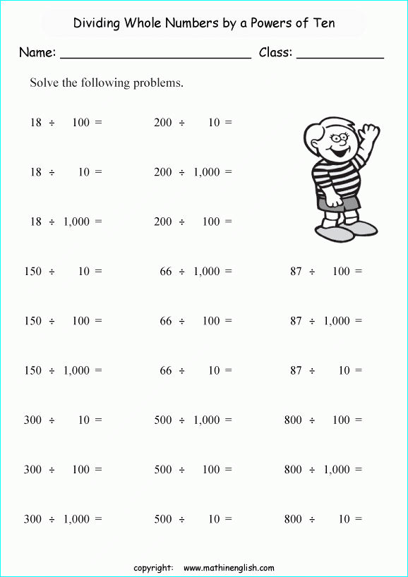 Dividing Whole Numbers To Get A Decimal Worksheet