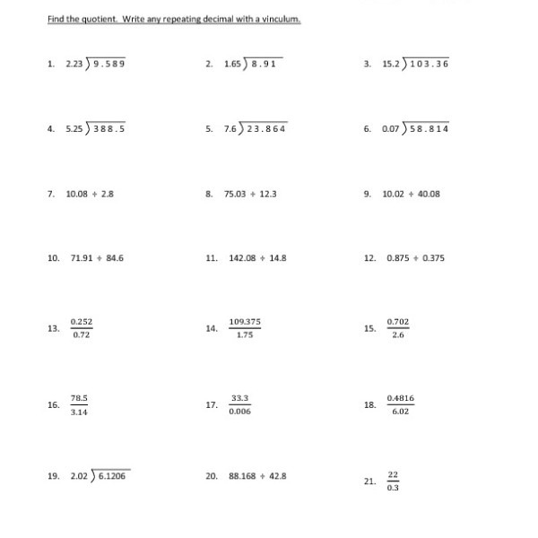 Dividing Decimals Worksheets 7th Grade