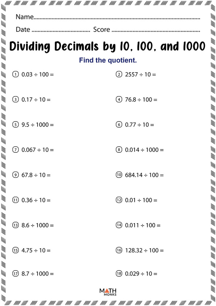 Dividing Decimals Worksheets Math Monks