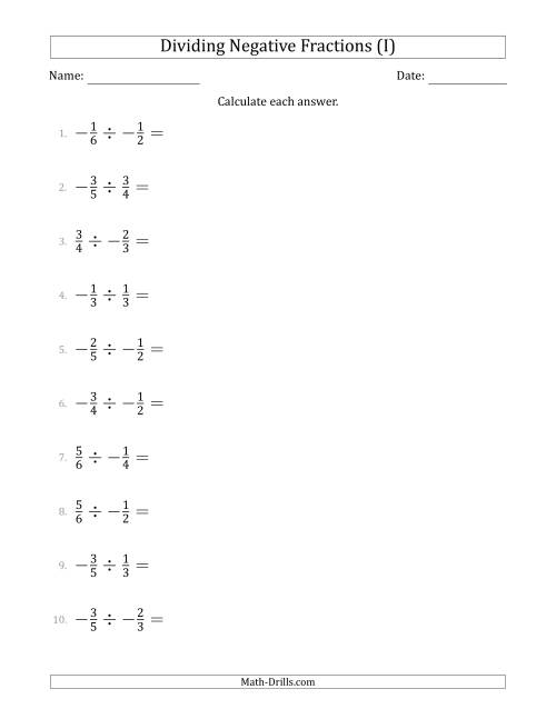 Dividing Negative Fractions With Denominators To Sixths I 