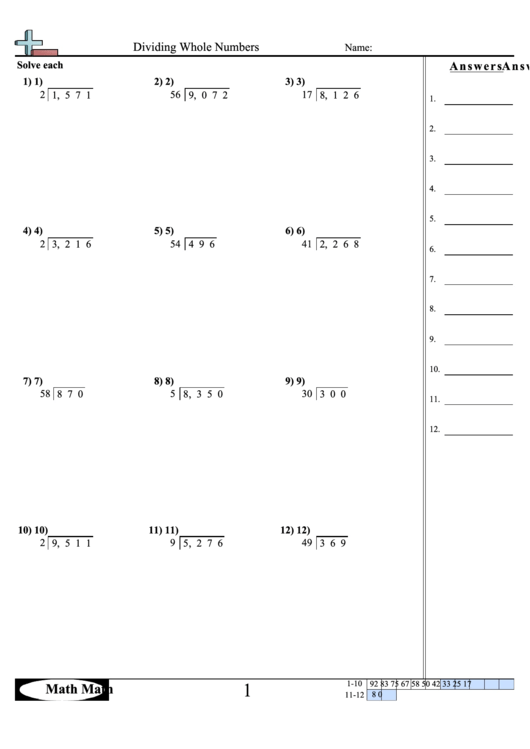 Dividing Whole Numbers Math Worksheet With Answer Key Printable Pdf 