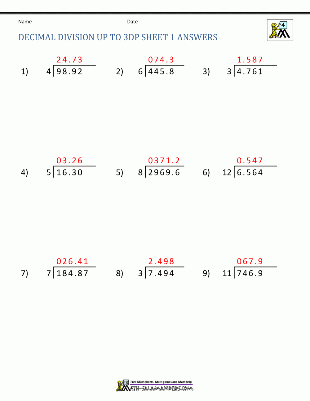 Division Of Decimal Numbers Worksheets