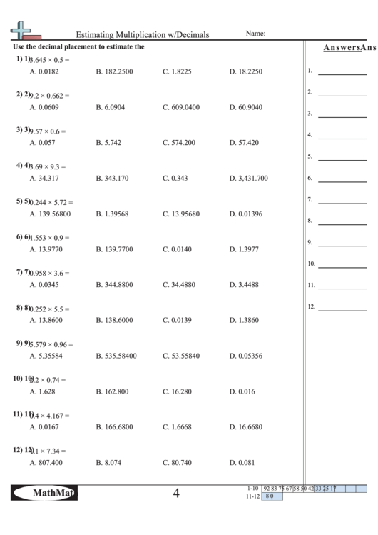 Estimating Multiplication W decimals Worksheet Printable Pdf Download