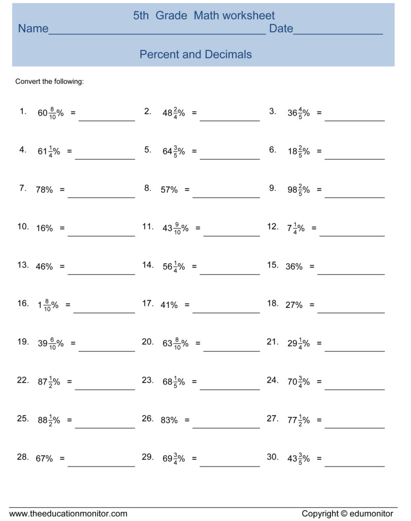 Fifth Grade Converting Percentages To Decimals Math Worksheet Archives