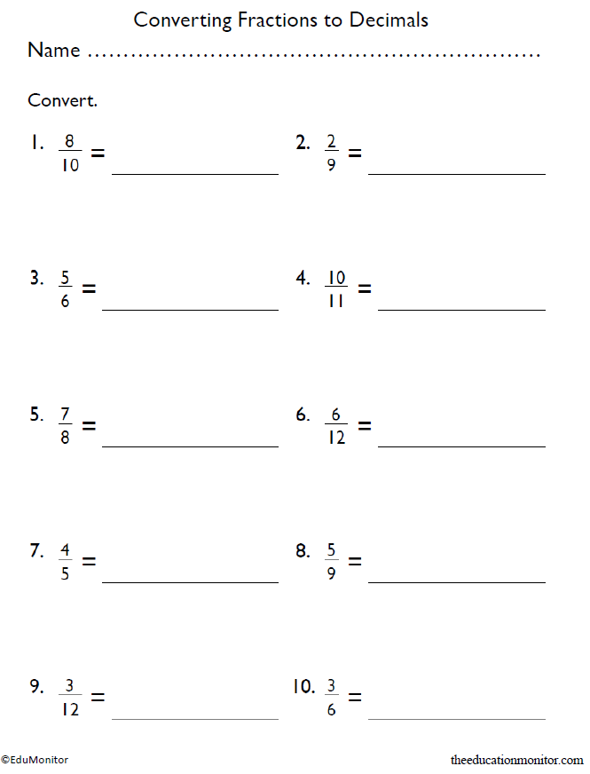 Fractions To Decimals Grade 4 Math Worksheet EduMonitor