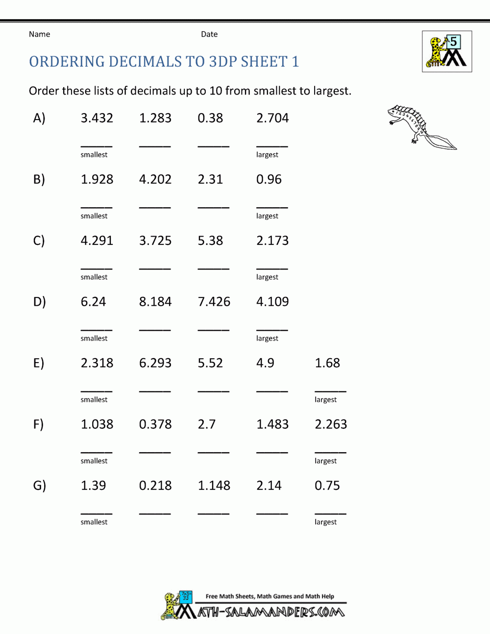 Free Comparing Decimals Worksheet 5th Grade Top Worksheet