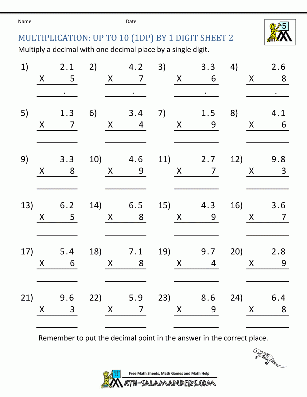 Free Multiplication Worksheets 2 Digits Decimals Tenths By 1 Digit 2