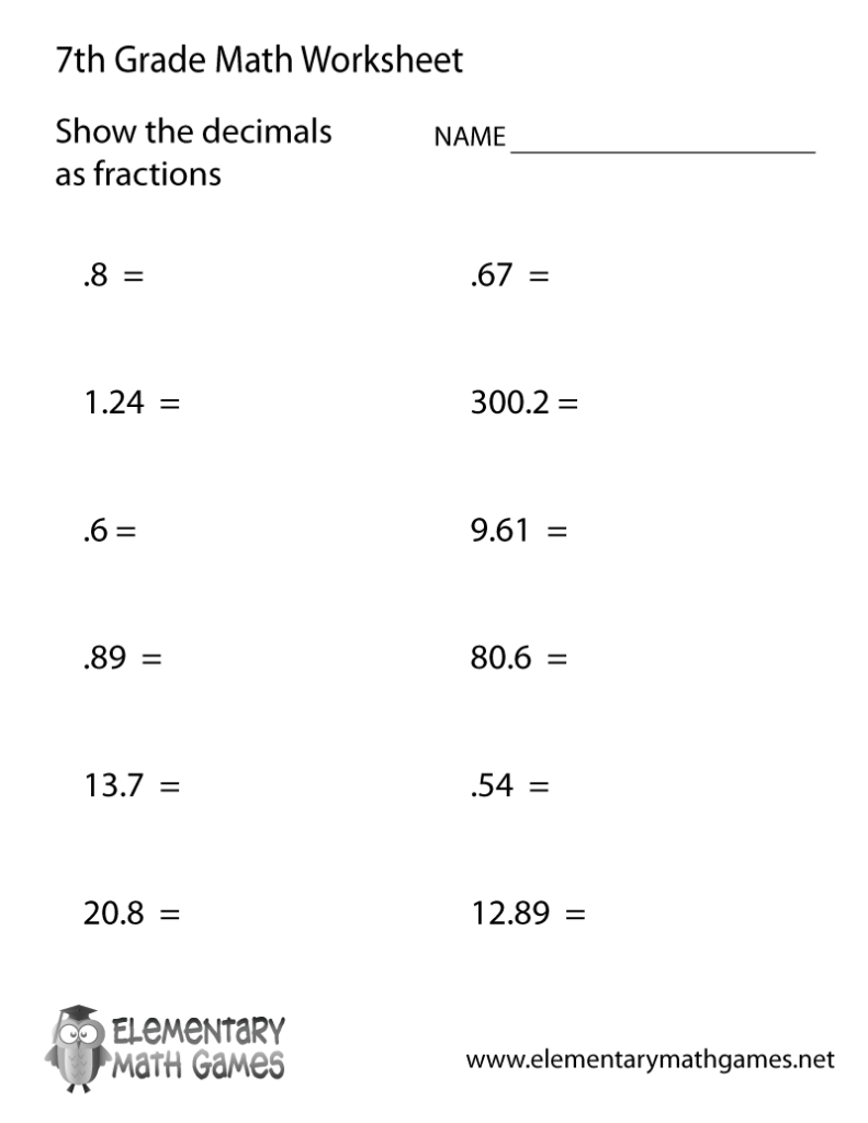 Free Printable Decimals Worksheet For Seventh Grade