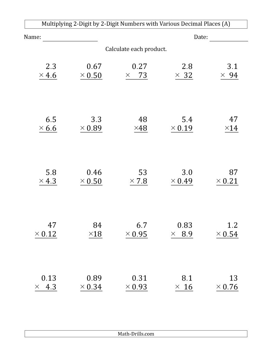 Free Printable Multiplying Decimals Worksheets