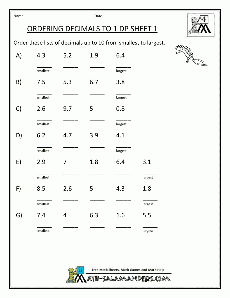 Fun Worksheets For Math 4th Grade Math Worksheets Ordering Decimals 