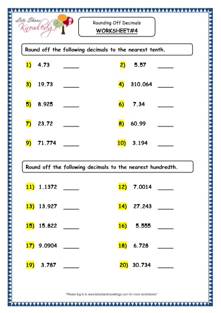 Grade 4 Maths Resources 3 4 Rounding Off Decimals Printable Worksheets 