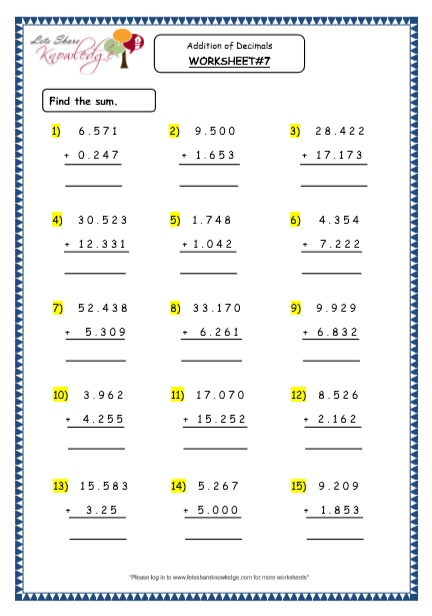 Grade 4 Maths Resources 3 5 Addition Of Decimals Printable Worksheets 