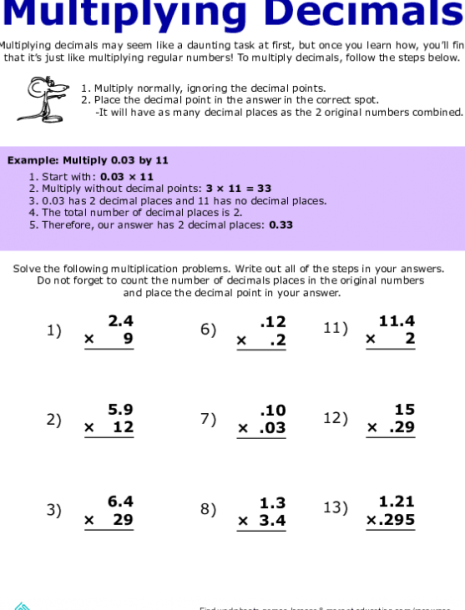 Lesson Multiplying Decimals Worksheet