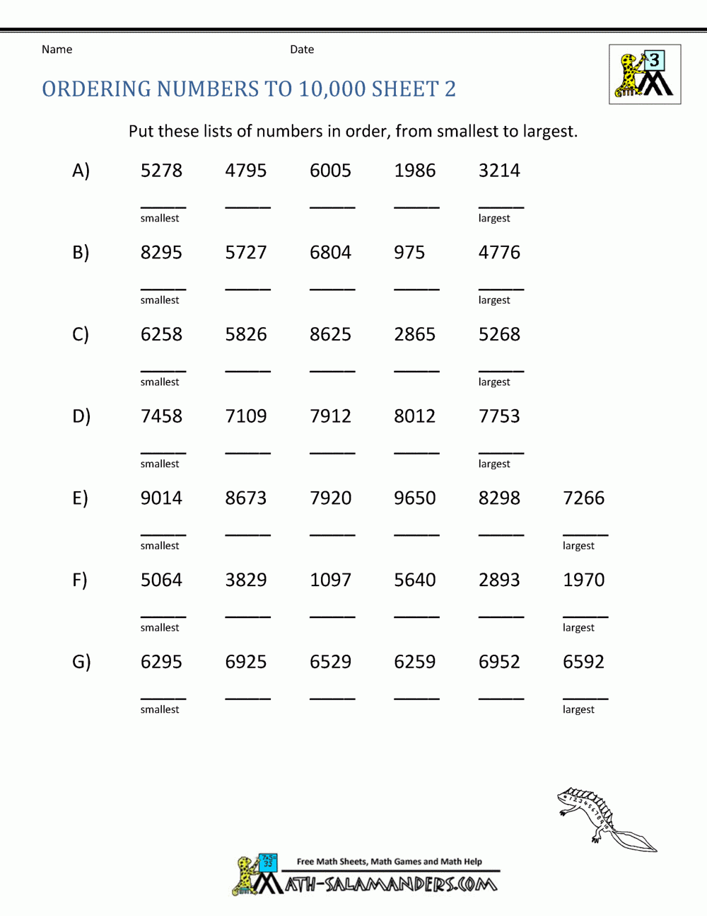 Math Worksheets 3rd Grade Ordering Numbers To 10000