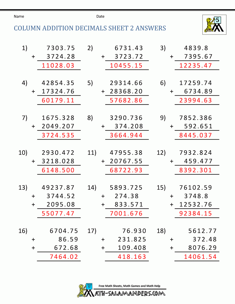 Math Worksheets For Fifth Grade Adding Decimals Db excel