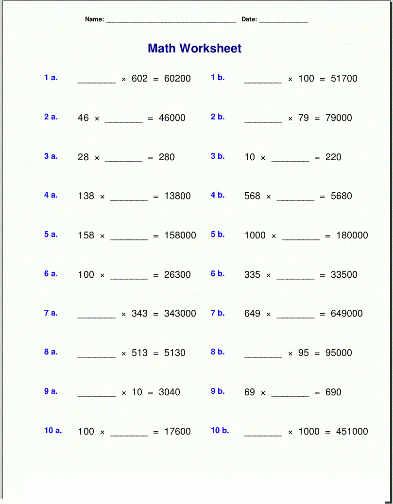 Multiply by 10 100 1000 missing factor Multiplication Table